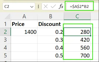 Example of absolute reference in Excel.