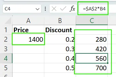 Example of absolute reference in Excel.