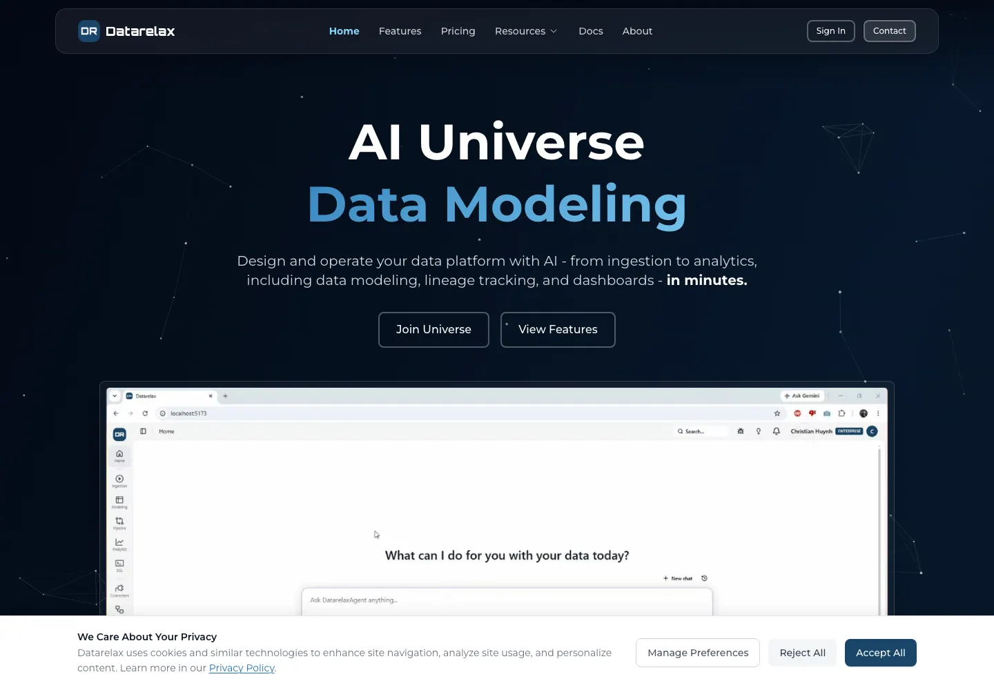 Page d'accueil Datarelax montrant une plateforme IA pour la modélisation de données et l'analyse Page d'accueil Datarelax montrant une plateforme IA pour la modélisation de données et l'analyse