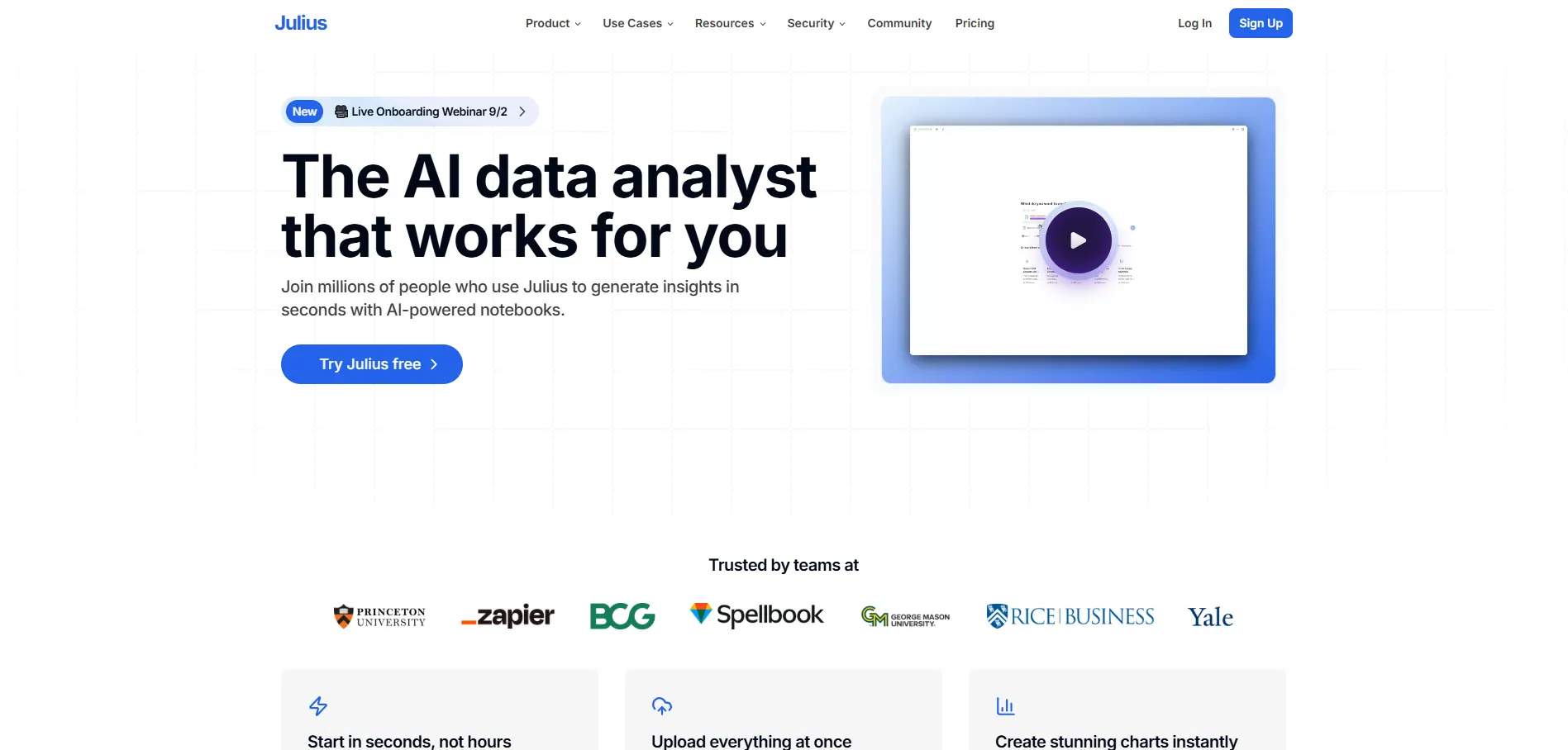 Page d'accueil Julius AI montrant un analyste de données IA pour explorer des données importées Page d'accueil Julius AI montrant un analyste de données IA pour explorer des données importées