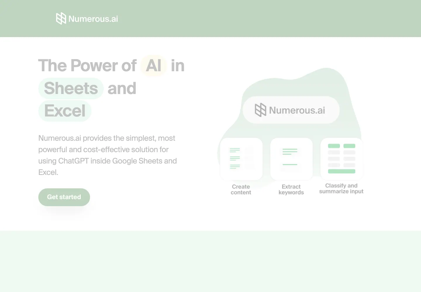 Page d'accueil Numerous.ai montrant l'IA dans Google Sheets et Excel Page d'accueil Numerous.ai montrant l'IA dans Google Sheets et Excel