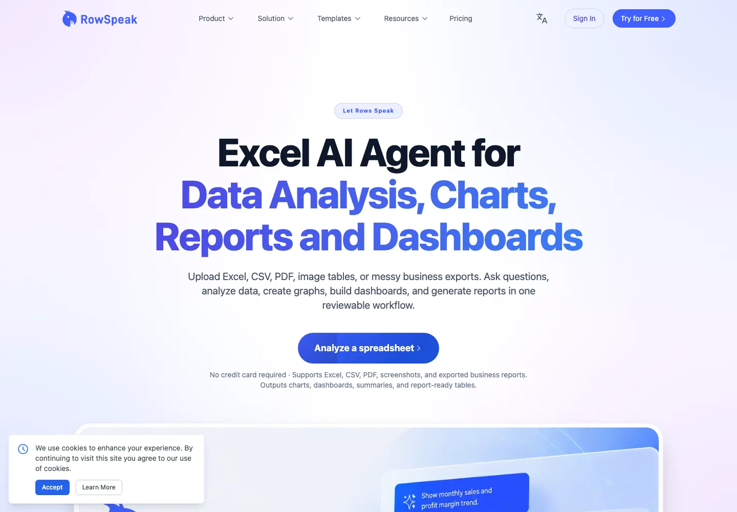 Page d'accueil RowSpeak montrant un workflow de feuille de calcul vers analyse, reporting et tableau de bord Page d'accueil RowSpeak montrant un workflow de feuille de calcul vers analyse, reporting et tableau de bord