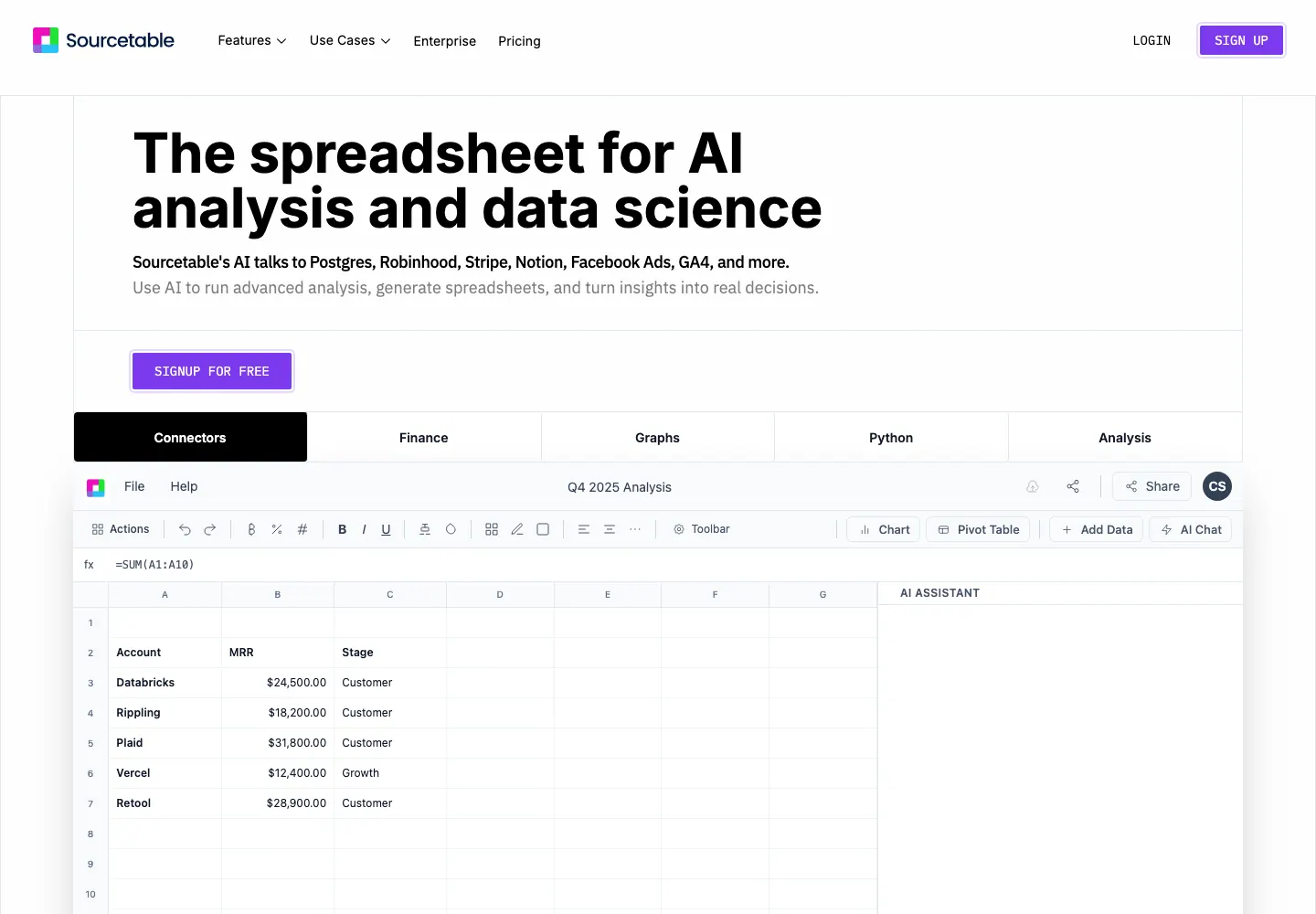 Page d'accueil Sourcetable montrant un tableur IA pour l'analyse et la science des données Page d'accueil Sourcetable montrant un tableur IA pour l'analyse et la science des données