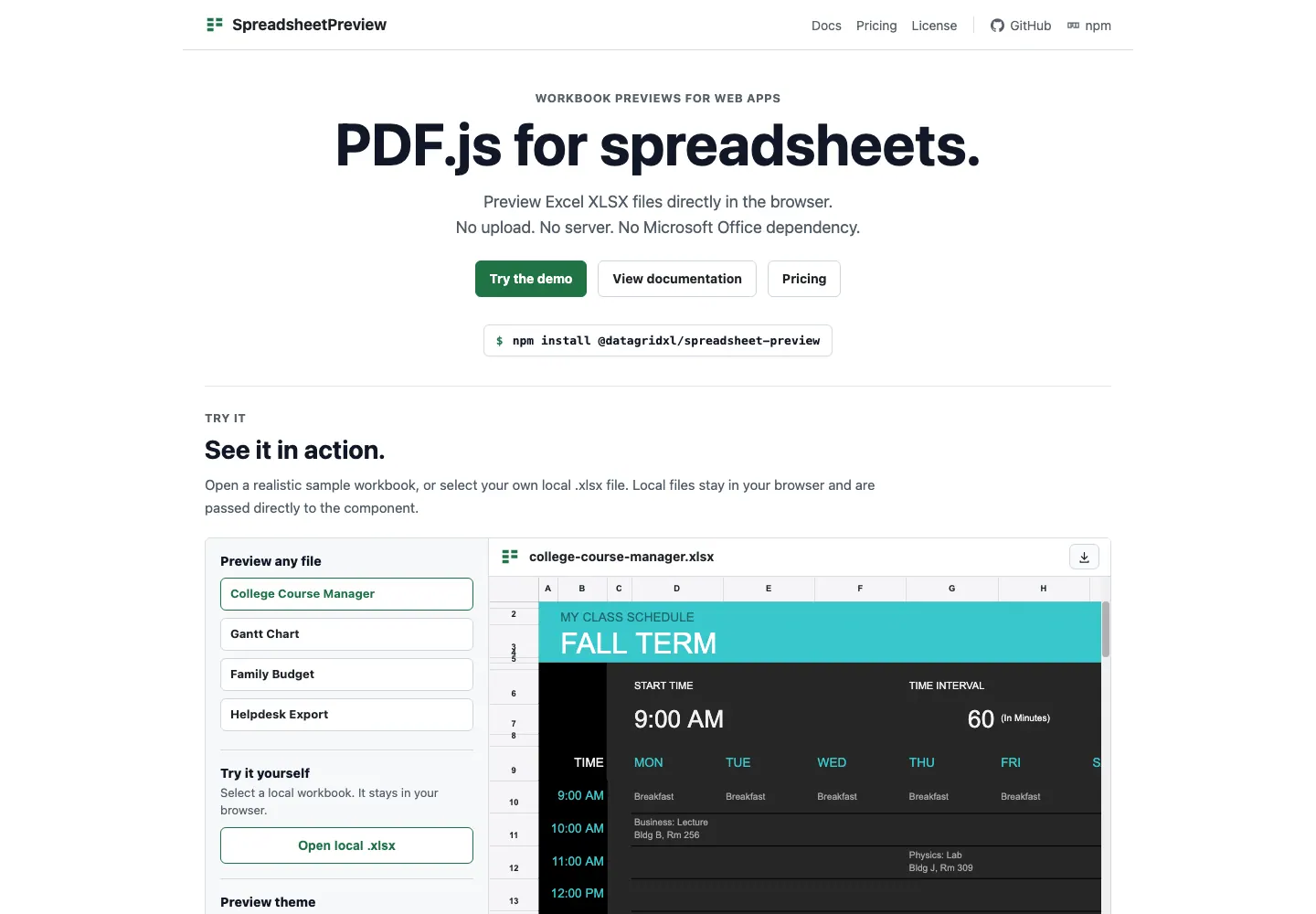 Page d'accueil SpreadsheetPreview montrant un aperçu local XLSX dans un navigateur Page d'accueil SpreadsheetPreview montrant un aperçu local XLSX dans un navigateur