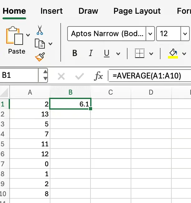 Ejemplo de la función AVERAGE en Excel