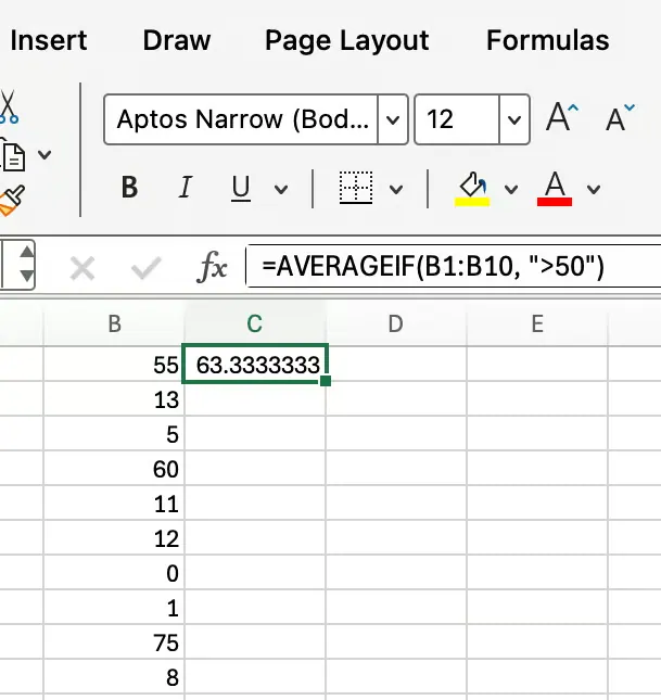 Ejemplo de la función AVERAGEIF en Excel