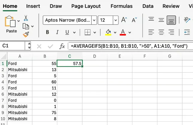 Ejemplo de la función AVERAGEIFS en Excel