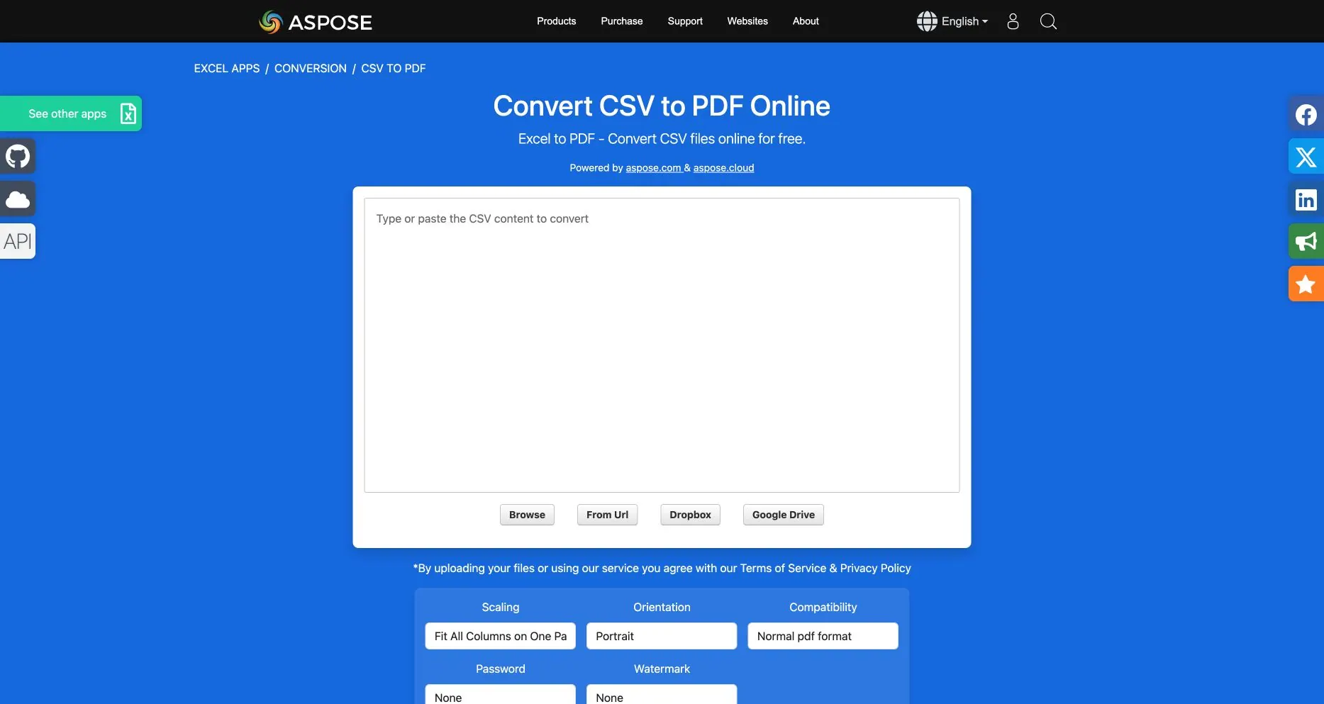 Aspose의 공개 CSV to PDF 페이지: 배율, 방향, 호환성, 암호, 워터마크 컨트롤 표시 Aspose의 공개 CSV to PDF 페이지: 배율, 방향, 호환성, 암호, 워터마크 컨트롤 표시