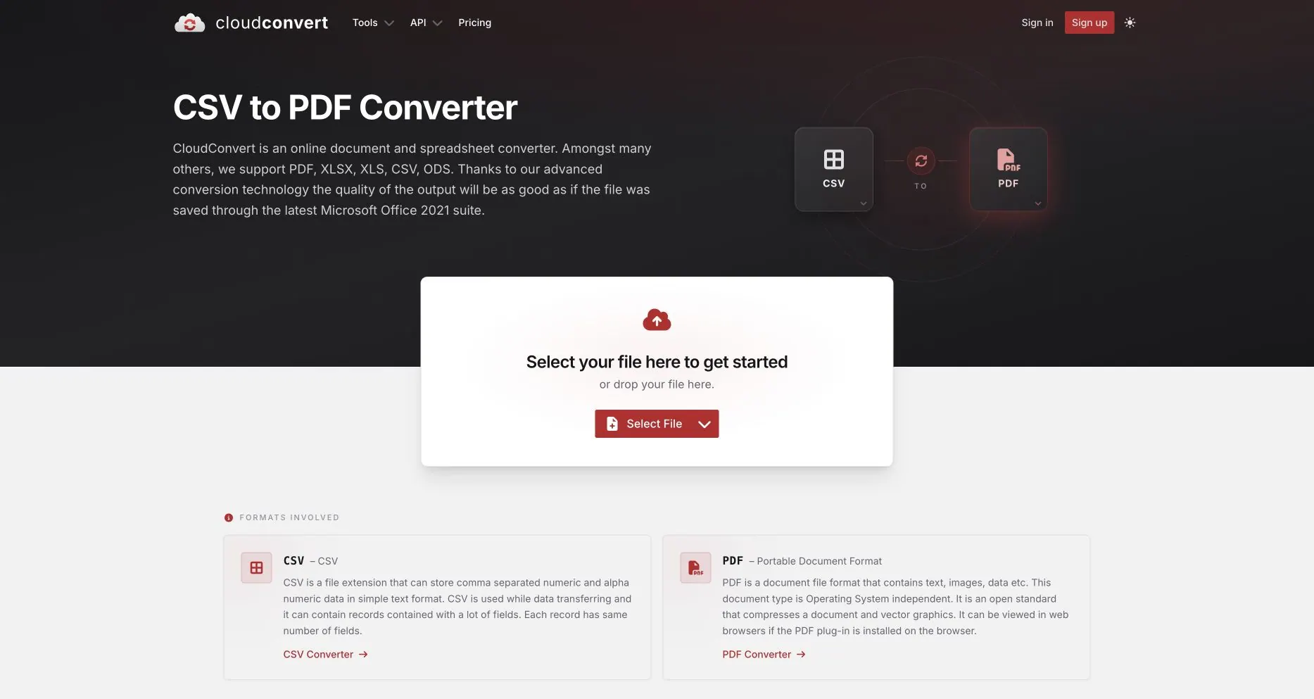 CloudConvert의 공개 CSV to PDF 페이지: CSV-to-PDF 형식 쌍과 업로드 단계 표시 CloudConvert의 공개 CSV to PDF 페이지: CSV-to-PDF 형식 쌍과 업로드 단계 표시