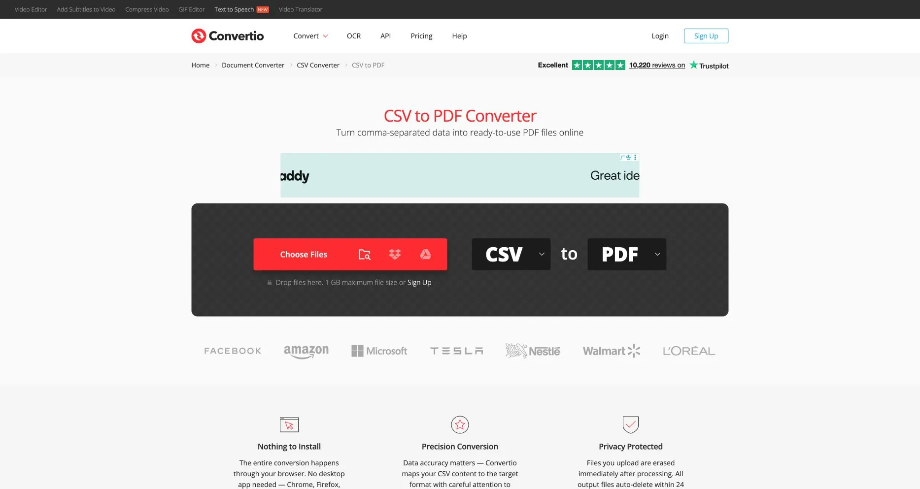 Convertio CSV to PDF 페이지: 선택된 입력 및 출력 형식 표시 Convertio CSV to PDF 페이지: 선택된 입력 및 출력 형식 표시