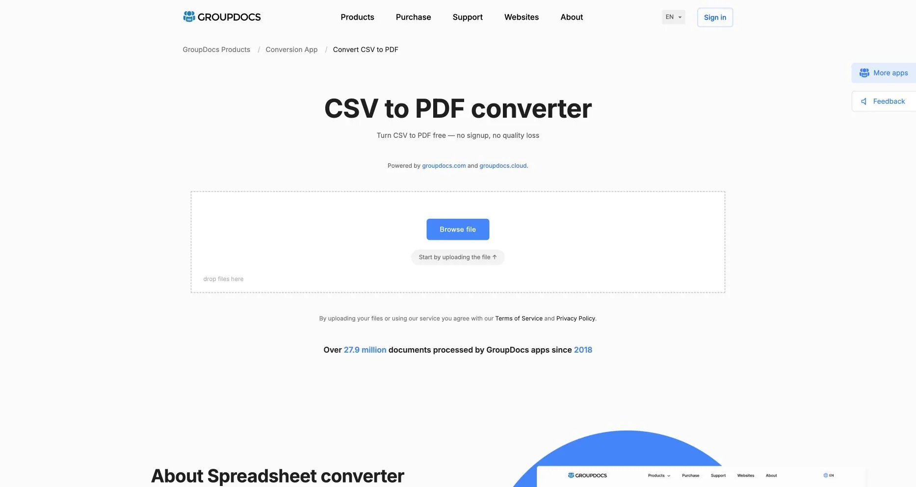 GroupDocs CSV to PDF 변환기 페이지: 파일 드롭 영역과 회원가입 불필요 메시지 표시 GroupDocs CSV to PDF 변환기 페이지: 파일 드롭 영역과 회원가입 불필요 메시지 표시