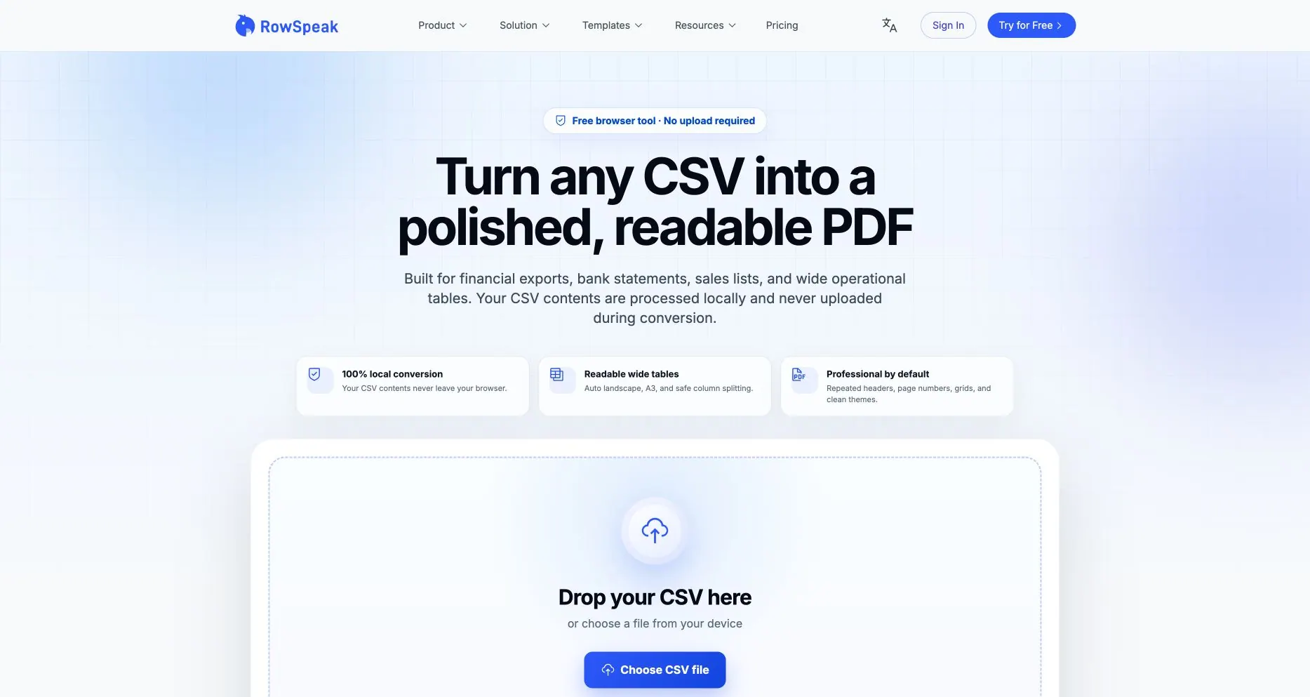 RowSpeak의 브라우저-로컬 CSV to PDF 업로드 페이지: 프라이버시 경계와 넓은 테이블 옵션 표시 RowSpeak의 브라우저-로컬 CSV to PDF 업로드 페이지: 프라이버시 경계와 넓은 테이블 옵션 표시