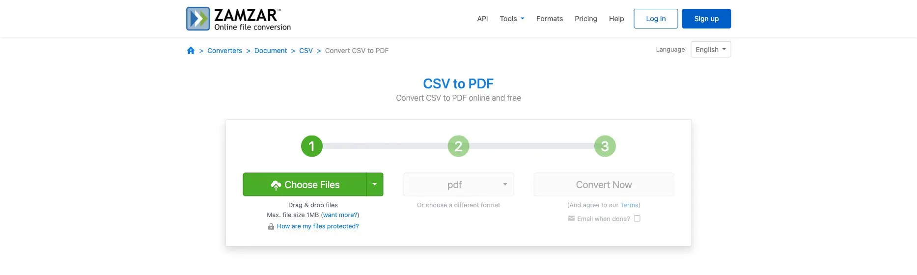 Zamzar CSV to PDF 페이지: 3단계 선택, 형식, 변환 워크플로 표시 Zamzar CSV to PDF 페이지: 3단계 선택, 형식, 변환 워크플로 표시