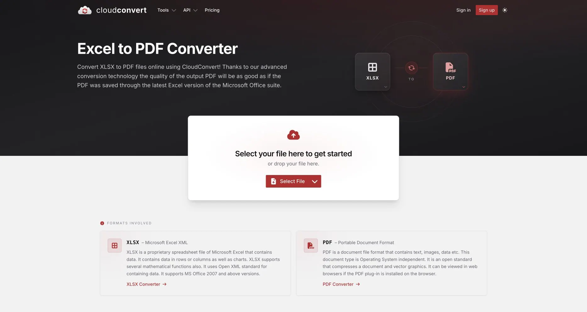 CloudConvertのExcel→PDFページ。XLSX→PDFのフォーマットペアとファイル選択を示す CloudConvertのExcel→PDFページ。XLSX→PDFのフォーマットペアとファイル選択を示す