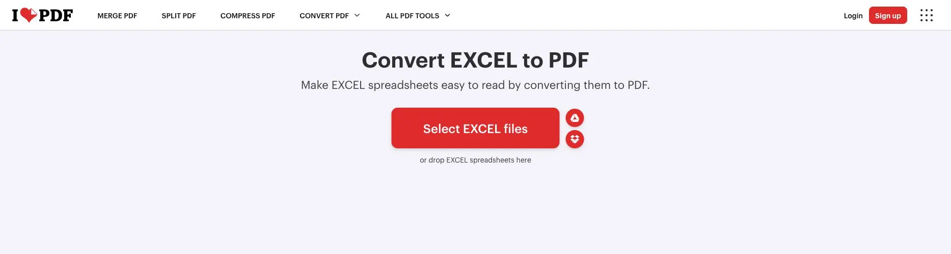 iLovePDFのExcel→PDFページ。ファイル選択ボタンとクラウドドライブオプションを示す iLovePDFのExcel→PDFページ。ファイル選択ボタンとクラウドドライブオプションを示す