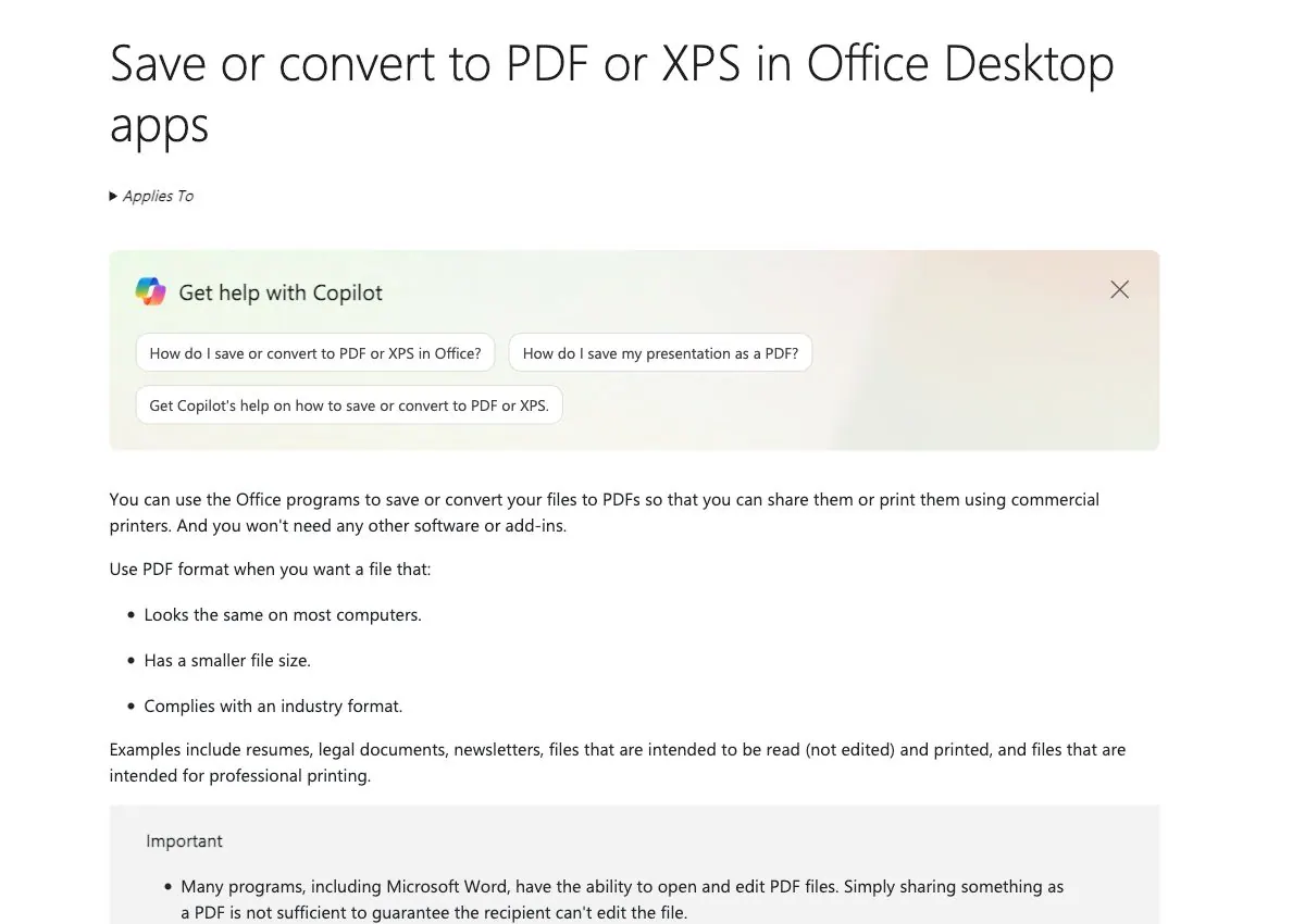 OfficeデスクトップアプリでのPDFエクスポートを説明するMicrosoftサポートページ OfficeデスクトップアプリでのPDFエクスポートを説明するMicrosoftサポートページ