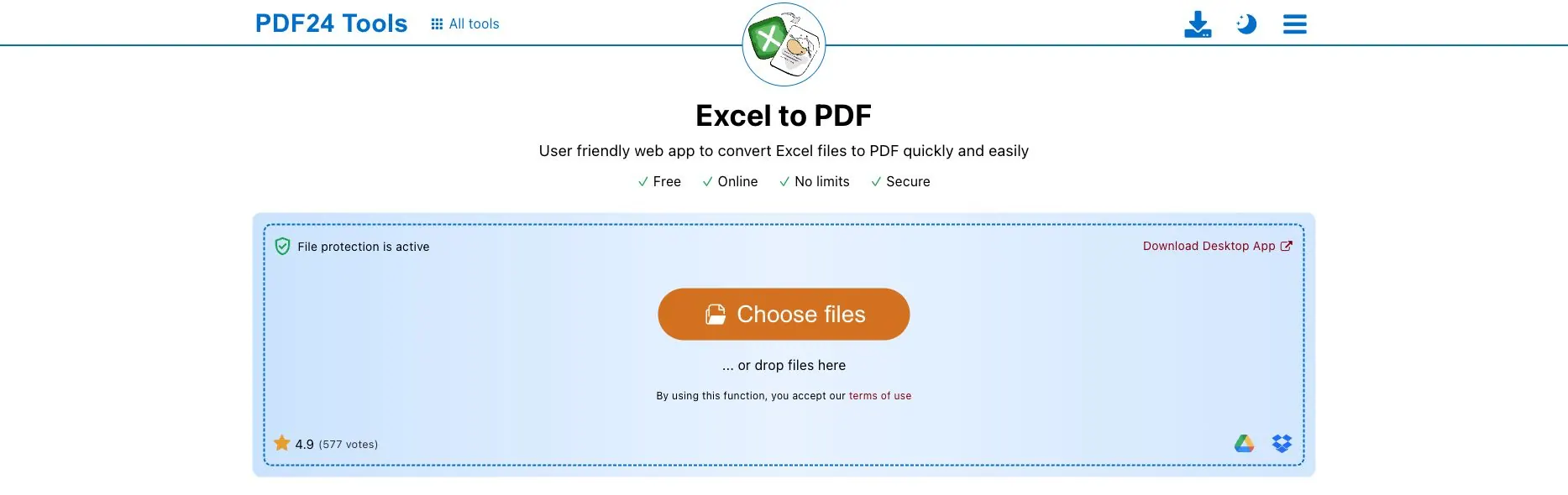 PDF24のExcel→PDFページ。保護されたファイルドロップ領域とデスクトップアプルートを示す PDF24のExcel→PDFページ。保護されたファイルドロップ領域とデスクトップアプルートを示す