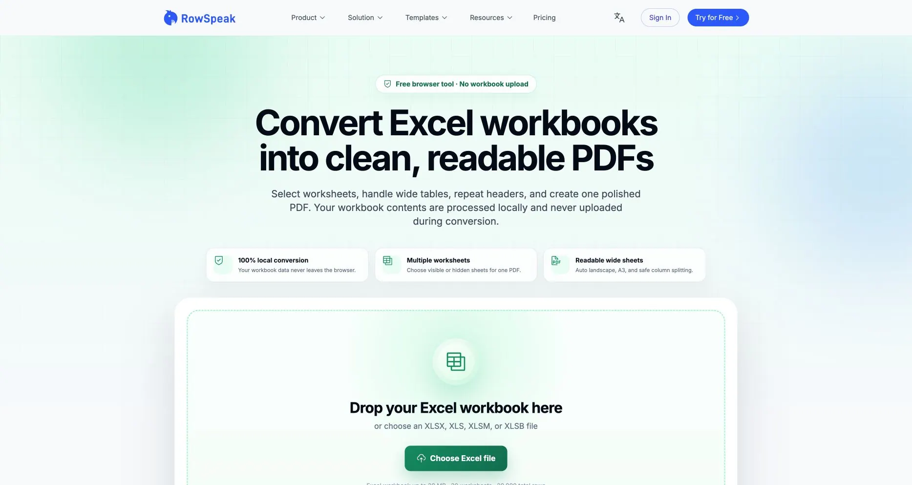 RowSpeakのExcel→PDFページ。ローカル変換と対応Excelワークブック形式を示す RowSpeakのExcel→PDFページ。ローカル変換と対応Excelワークブック形式を示す