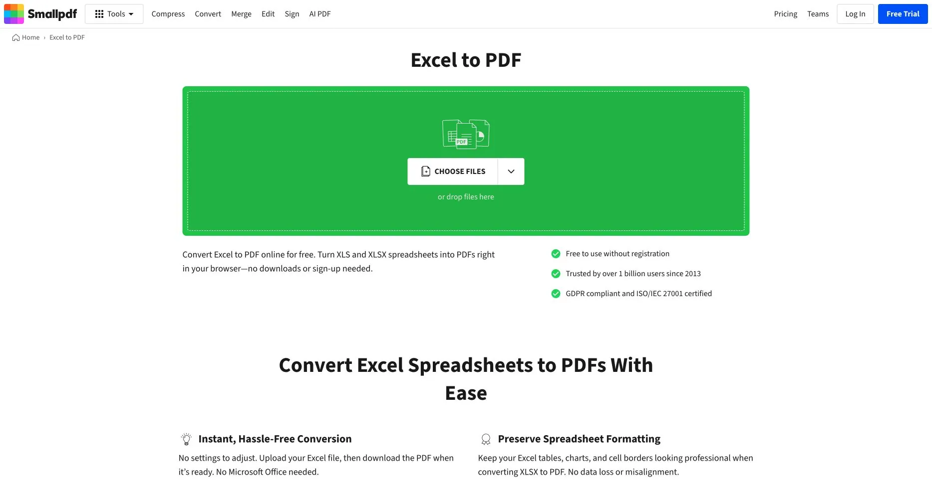 Smallpdfの公開Excel→PDFページ。ファイル選択ボタンと製品コピー Smallpdfの公開Excel→PDFページ。ファイル選択ボタンと製品コピー