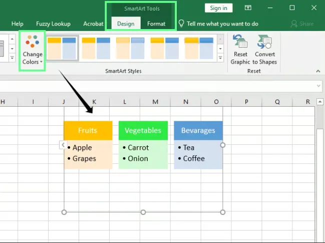 Customizing bullets in the SmartArt Tools section in Excel