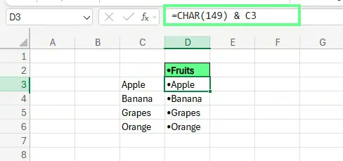 Adding bullets using the CHAR() function in Excel
