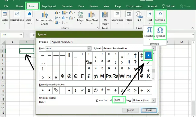 Adding bullets using the Symbol method in Excel