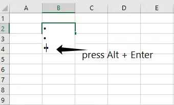 Adding bulleted list manually in Excel