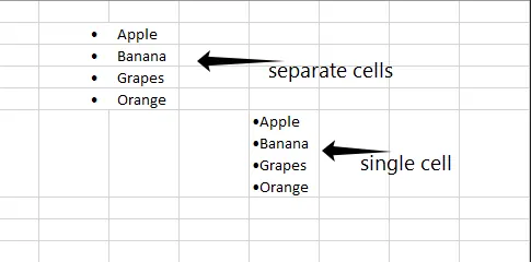 Copy and paste the bullets from Word into Excel