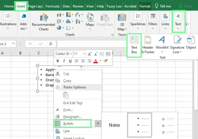 Inserting bullets using a Text box in Excel