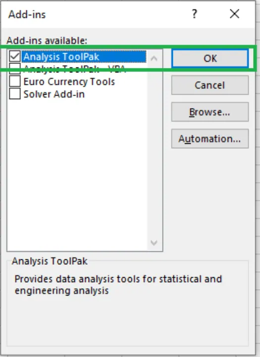 Enabling Data Analysis ToolPak