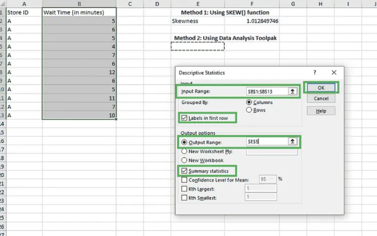 Filling in details for descriptive statistics in Excel