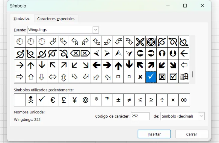 Checkmarks in the Symbol Dialog Box. Character code 2