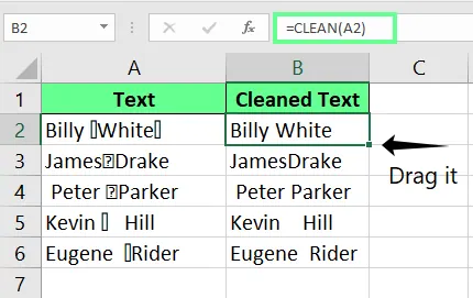 Combining TRIM() and CLEAN() functions to remove characters and extra spaces in Excel 3