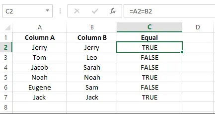 Vérifier si les cellules sont égales ou non dans Excel 2