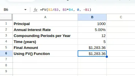 Compound interest using FV() 6