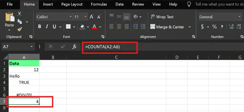 counta() function in excel 11