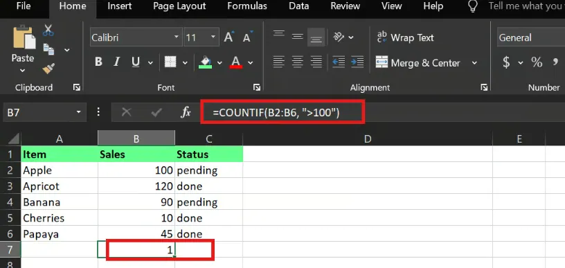 countif() function in excel 13