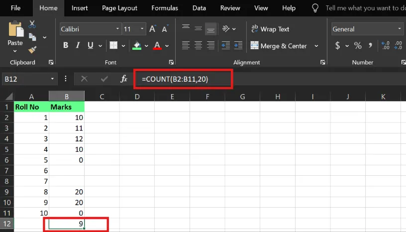 COUNT function in Excel 2