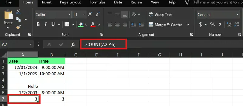 Contando número de celdas de fecha con función CONTAR en Excel 4