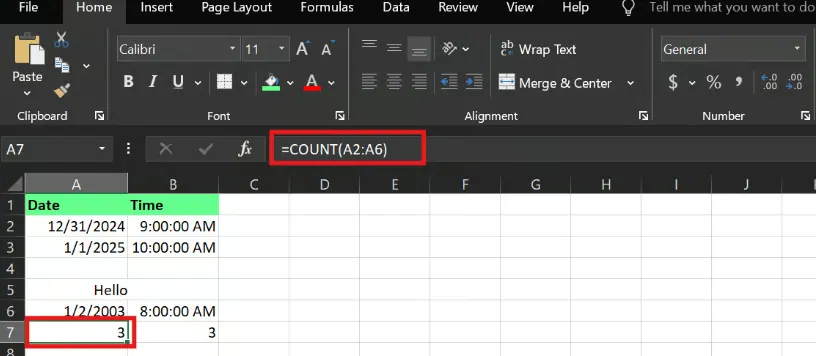 Counting number of date cells with COUNT function in Excel 4