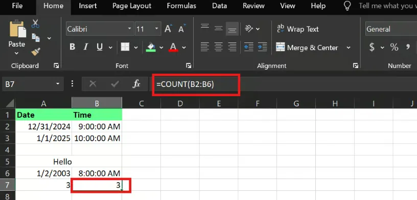 counting number of time cells using COUNT function in excel 5