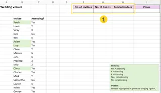Une liste de RSVP Excel désordonnée avec des réponses incohérentes et des lignes surlignées 1