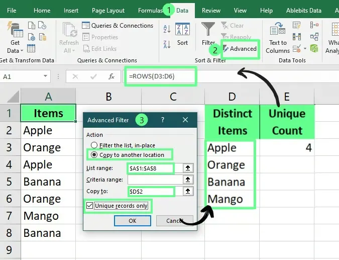 Count distinct values using an Advanced Filter option 10