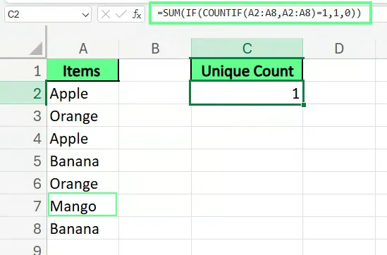 Count unique values using SUM(), IF(), and COUNTIF() in excel. 2