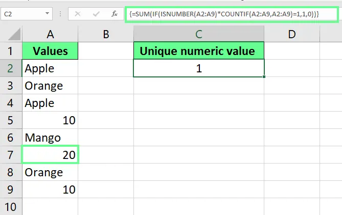 Counting unique numeric values in Excel. 4