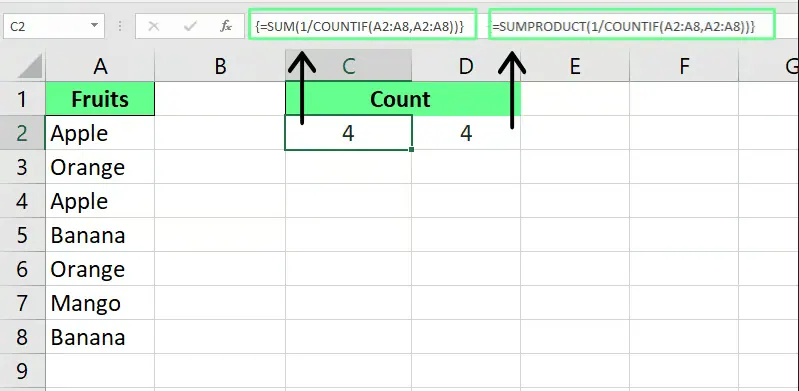 Count unique values using COUNTIF() and SUM() functions in Excel. 8