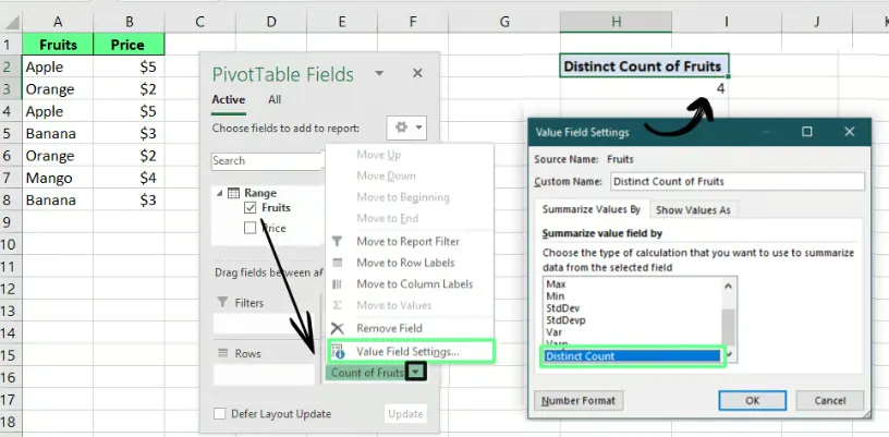 Count unique values using PivotTable in Excel. 9