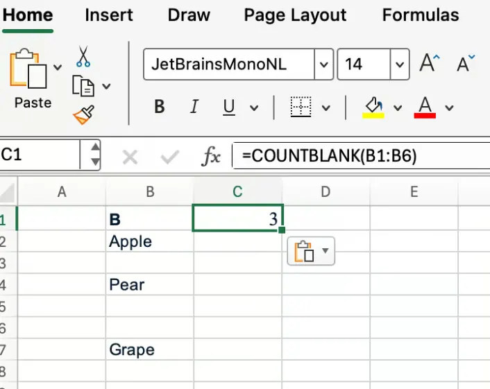 Compter les vides dans une plage avec Excel COUNTBLANK 1