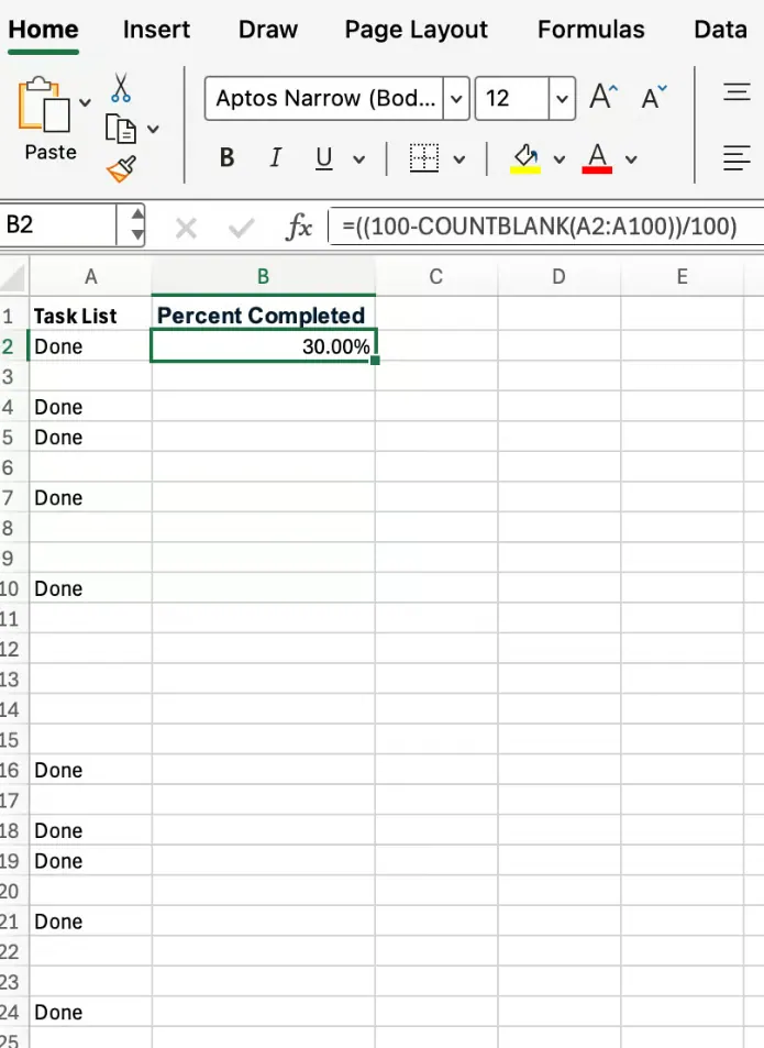 Calculer le taux de réalisation avec Excel COUNTBLANK 2