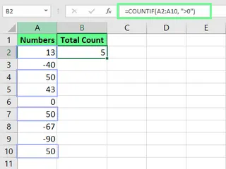 Usando a função COUNTIF() no Excel para contar o número maior que 0. 1